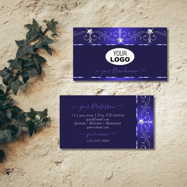 Luxe Royal Blue Squiggles Sparkle Jewels with Logo Business Card (Creator Uploaded)
