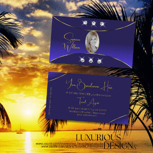 Luxe Royal Blue with Gold Decor Diamonds and Photo Business Card