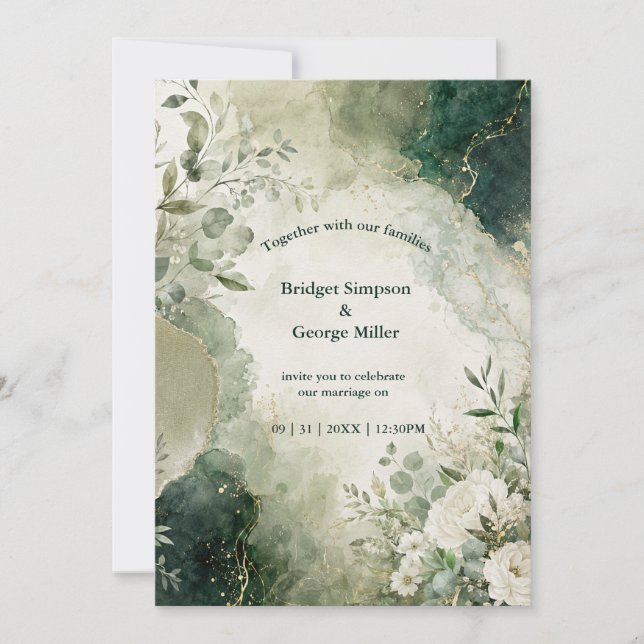 Luxe Sage Emerald Wedding Floral Collage Invitation (Front)