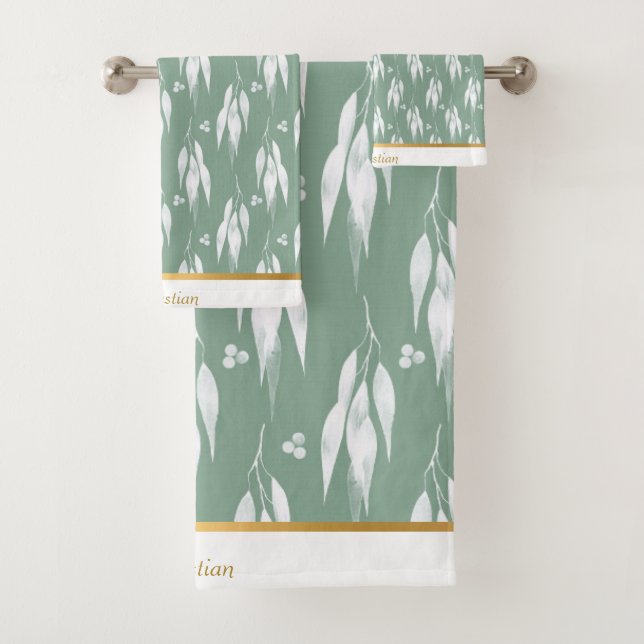 LUXE SAGE GREEN EUCALYPTUS DESIGN TOWEL SET (Insitu)