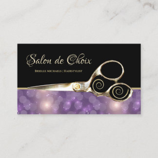 Luxe Salon Purple Bokeh Gold Hairstylist Scissors Business Card