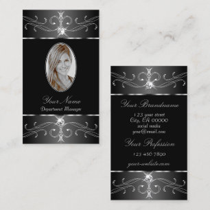 Luxe Silver Black White Ornate Ornaments Add Photo Business Card