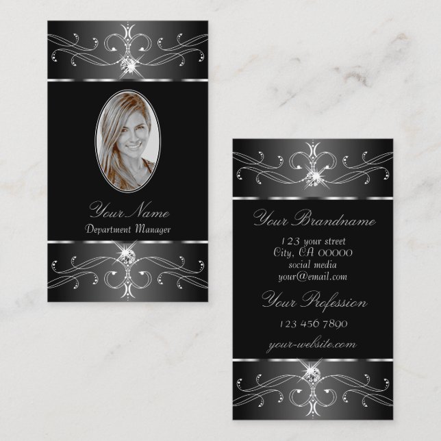 Luxe Silver Black White Ornate Ornaments Add Photo Business Card (Front/Back)