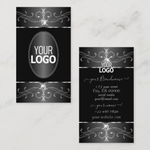 Luxe Silver Black White Ornate Ornaments with Logo Business Card