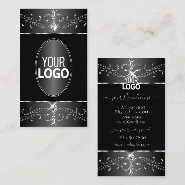 Luxe Silver Black White Ornate Ornaments with Logo Business Card (Front/Back)