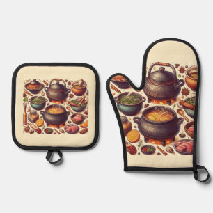 Luxe Silver Oven Mitt with "CAMADO" Design Oven Mitt & Pot Holder Set