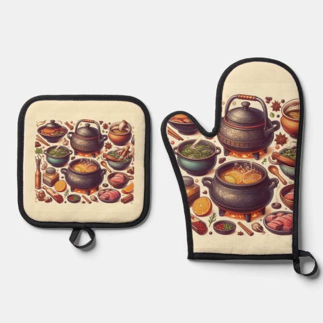 Luxe Silver Oven Mitt with "CAMADO" Design & Pot Holder Set (Front)