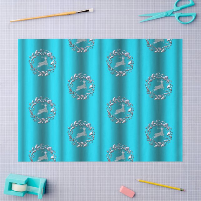 Luxe Silver Reindeer Aqua Christmas Tissue Paper (Craft)