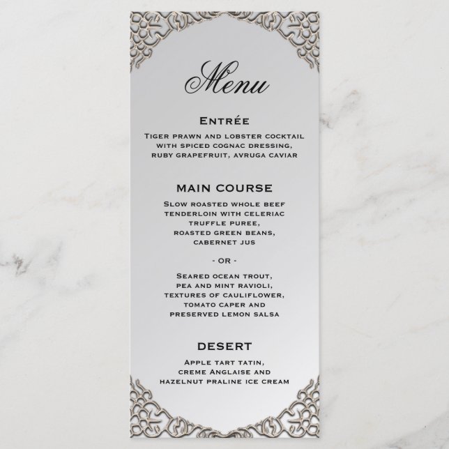 Luxe Silver Wedding Decorative Wedding Reception Menu (Front)