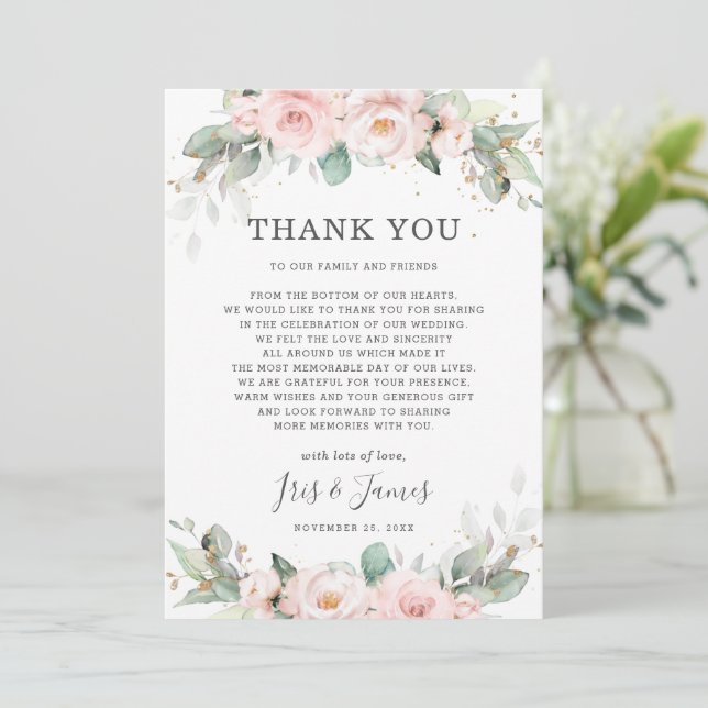 Luxe Soft Hued Blush Pink Floral Greenery Wedding Thank You Card (Standing Front)