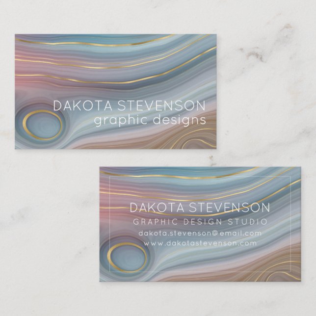 Luxe Strata | Dusty Slate Blue Taupe Pink Agate Business Card (Front/Back)
