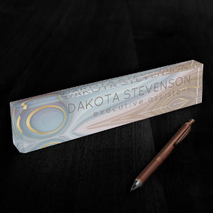Luxe Strata   Dusty Slate Blue Taupe Pink Agate Nameplate