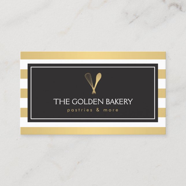 Luxe Striped Gold Whisk Spoon Logo Bakery, Chef II Business Card (Front)