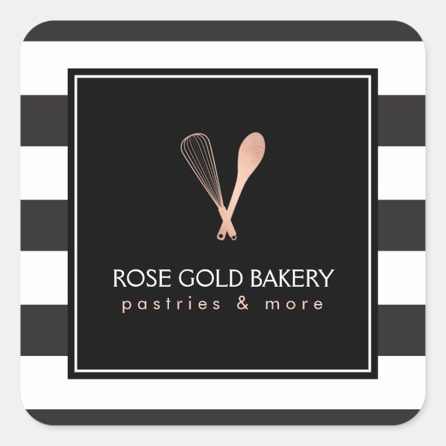 Luxe Striped Rose Gold Whisk Spoon Logo Bakery Square Sticker (Front)