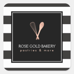 Luxe Striped Rose Gold Whisk Spoon Logo Bakery Square Sticker