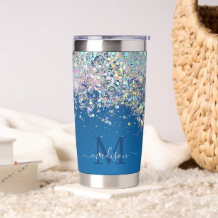 Luxe Teal Blue Holographic Silver Glitter Monogram Insulated Tumbler