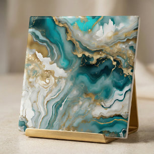 Luxe Teal Turquoise & Gold Agate Marble Fluid Art Tile