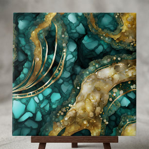 Luxe Teal Turquoise Liquid Gold Marble Agate Geode Tile
