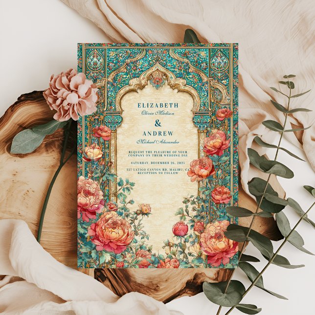Luxe Turquoise and Golden Rose Wedding Invitation (Creator Uploaded)