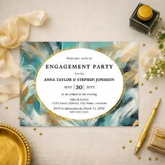 Luxe Turquoise Gold Brushstrokes Engagement Party Invitation