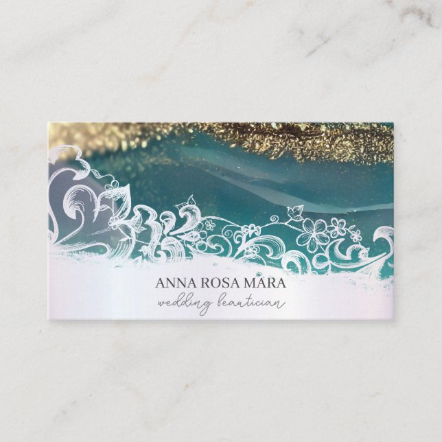 *~* Luxe Turquoise Gold White QR Agate AP66 Glam Business Card (Front)