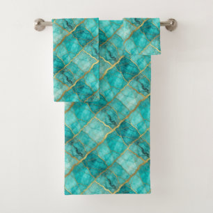Luxe Turquoise Teal Blue and Gold Marble Towel Set