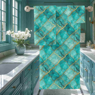 Luxe Turquoise Teal Blue and Gold Marble Towel Set