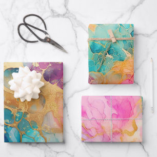 Luxe Watercolor Pink Blue and Gold Abstract  Wrapping Paper Sheet