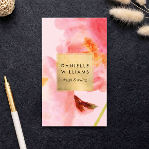 Luxe Watercolor Pink Florals with Faux Gold Frame Business Card