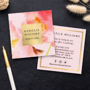 Luxe Watercolor Pink Florals with Faux Gold Frame Square Business Card