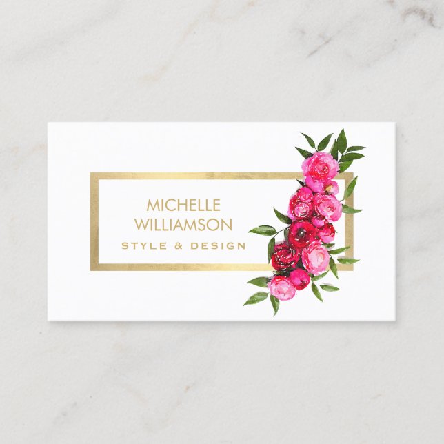 Luxe Watercolor Roses Gold/White Business Card (Front)