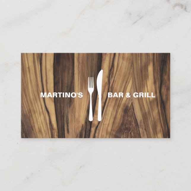 Luxe Wood Fork and Knife Logo for Chef, Catering Business Card (Front)
