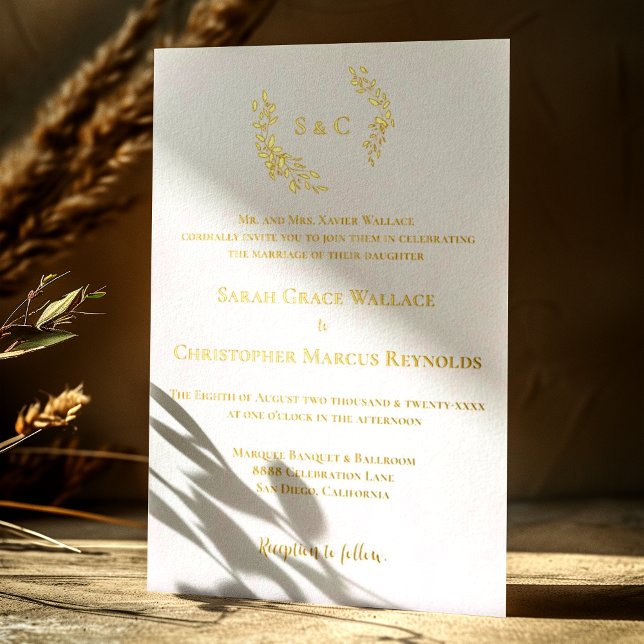  Luxe Wreath Monogram White Gold Elegant Wedding  (Elegant gold foil wedding monogram crest invitation.)
