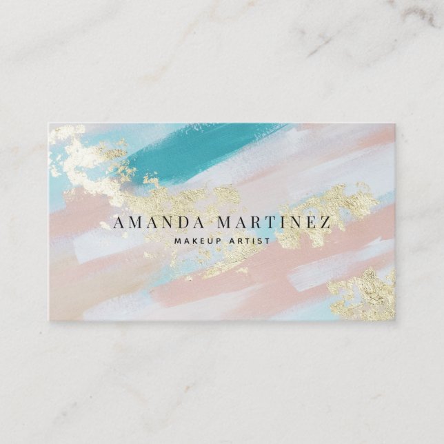 Luxery Gold Teal Pink Brushstrokes Social Media Business Card (Front)