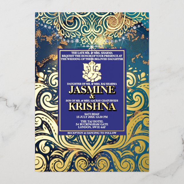 LuxGlitter Blue Gold Hindu Ganesha Indian Wedding (Front)