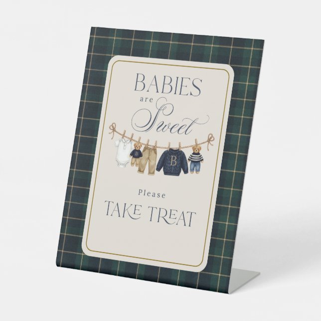 Luxsary  Bear Plaid Baby Shower Sweet Treat Pedestal Sign (Front)