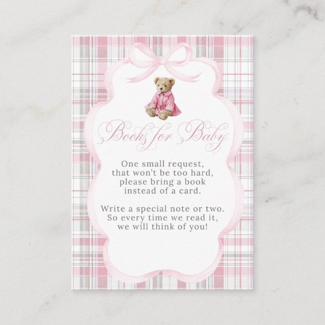 Luxsary Teddy Bear Pink Plaid Baby Girl Shower  Enclosure Card (Front)
