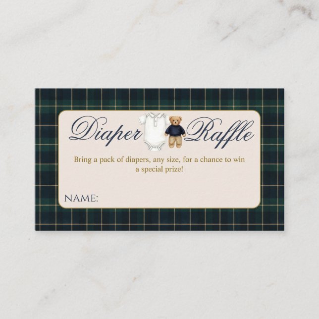 Luxsary Teddy Bear Plaid Baby Shower Diaper Raffle Enclosure Card (Front)