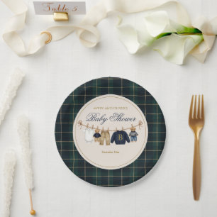 Luxsary Teddy Bear Plaid Baby Shower Paper Plate