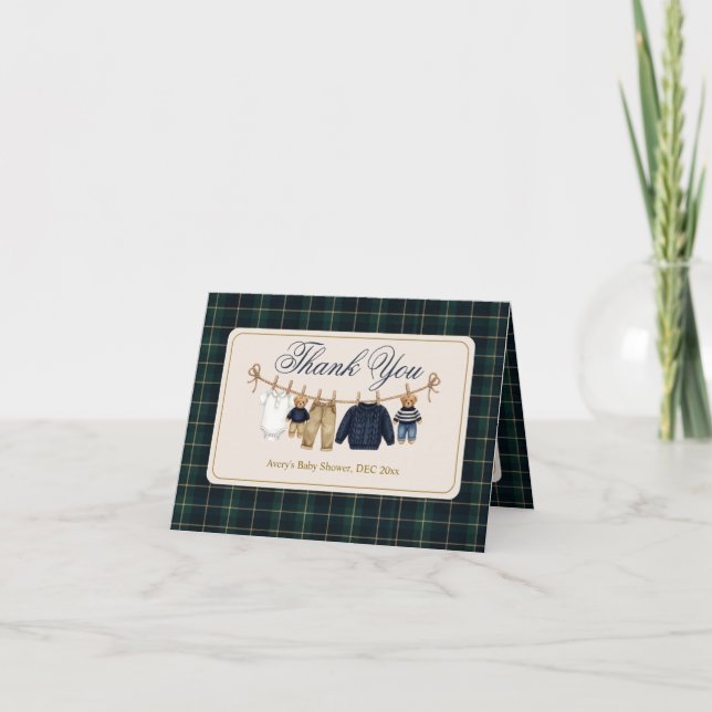 Luxsary Teddy Bear Plaid Baby Shower Thank You Card (Front)