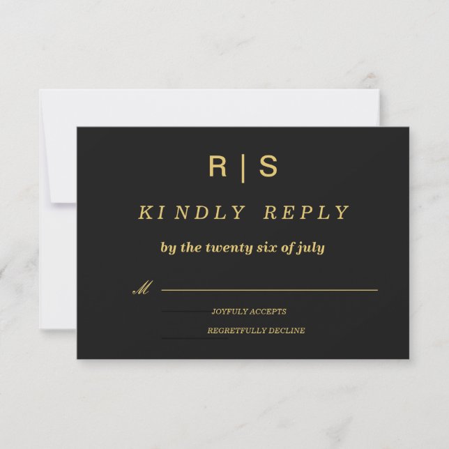 Luxuary Black & Gold Monogram Wedding RSVP Card (Front)