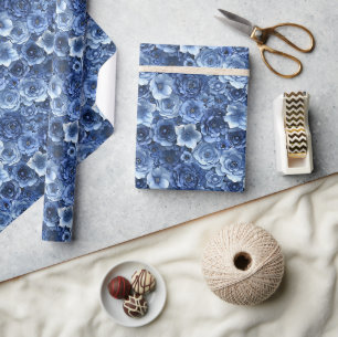 Luxurious 3D Floral Pattern in Shades of Blue Wrapping Paper