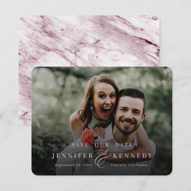 Luxurious Ampersand Dusty Pink Marble & Full Photo Save The Date (Front/Back)