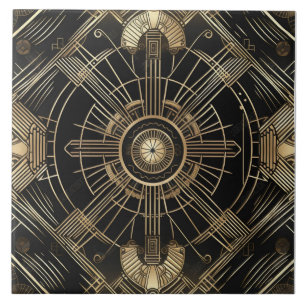 Luxurious Art Deco, Black and Gold, Geometry Tile