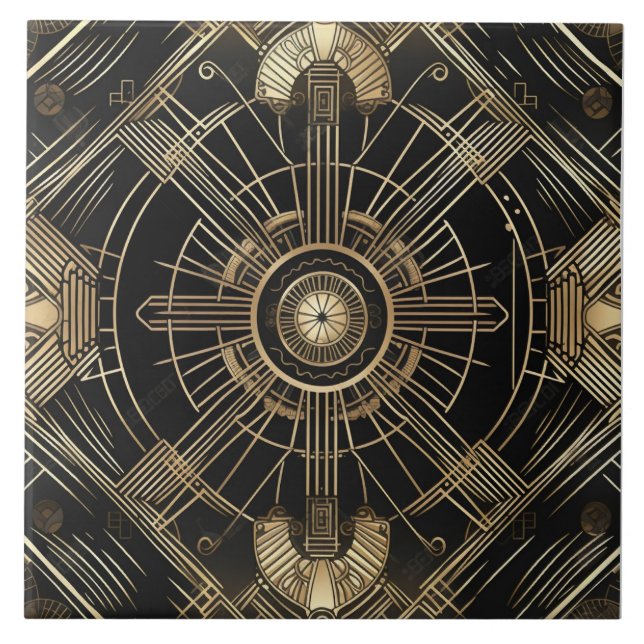 Luxurious Art Deco, Black and Gold, Geometry Tile (Front)