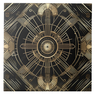 Luxurious Art Deco, Black and Gold, Geometry Tile