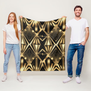 Luxurious Art Deco Geometric Gold and Black  Fleece Blanket