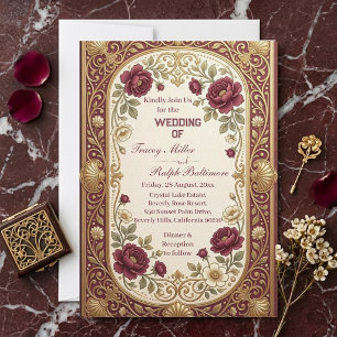 Luxurious Art Nouveau Gold Burgundy Roses Wedding Invitation