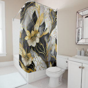 Luxurious Asian-Inspired Black and Gold Floral  Shower Curtain