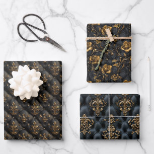 Luxurious Black and Gold Baroque Pattern Wrapping Paper Sheet